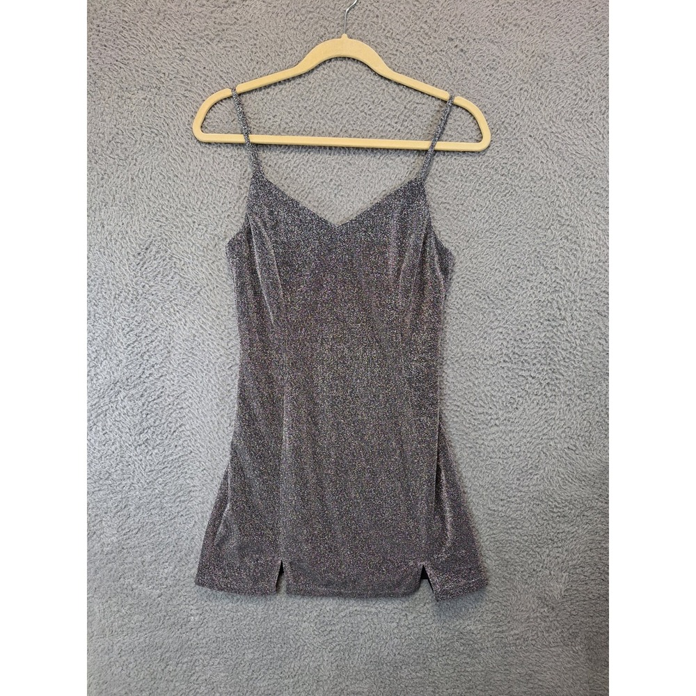 Lulus Sparkly Silver Mini Slip Dress V Neck Spaghetti Straps Size S Feminine